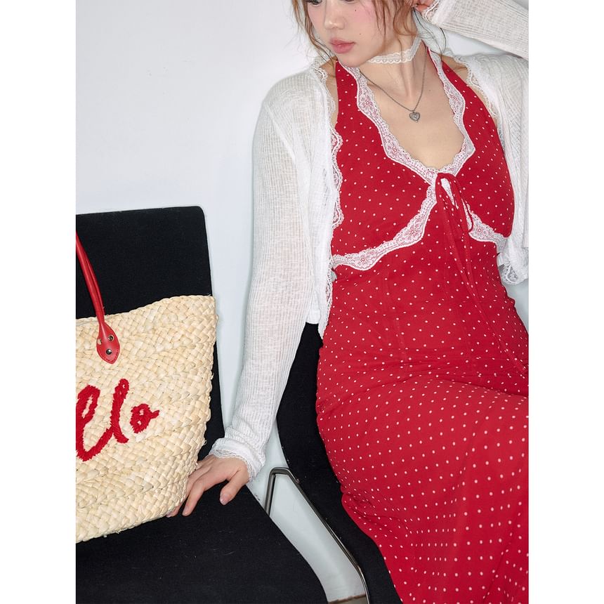 Halter Dotted Bow Lace Trim Midi A-Line Dress / Plain Cardigan