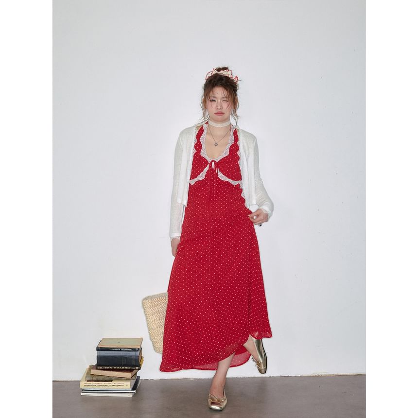 Halter Dotted Bow Lace Trim Midi A-Line Dress / Plain Cardigan