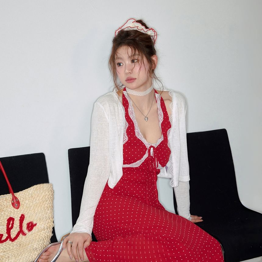 Halter Dotted Bow Lace Trim Midi A-Line Dress / Plain Cardigan
