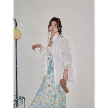 Long-Sleeve Lace Trim Oversized Shirt / Bow Slim Fit Tube Top / High Rise Floral Midi A-Line Skirt