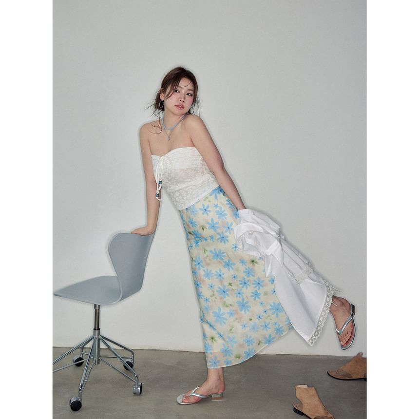 Long-Sleeve Lace Trim Oversized Shirt / Bow Slim Fit Tube Top / High Rise Floral Midi A-Line Skirt