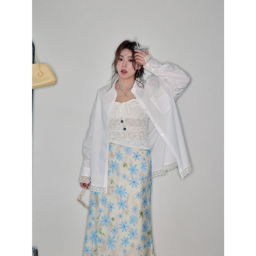Long-Sleeve Lace Trim Oversized Shirt / Bow Slim Fit Tube Top / High Rise Floral Midi A-Line Skirt