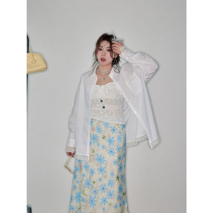 Long-Sleeve Lace Trim Oversized Shirt / Bow Slim Fit Tube Top / High Rise Floral Midi A-Line Skirt