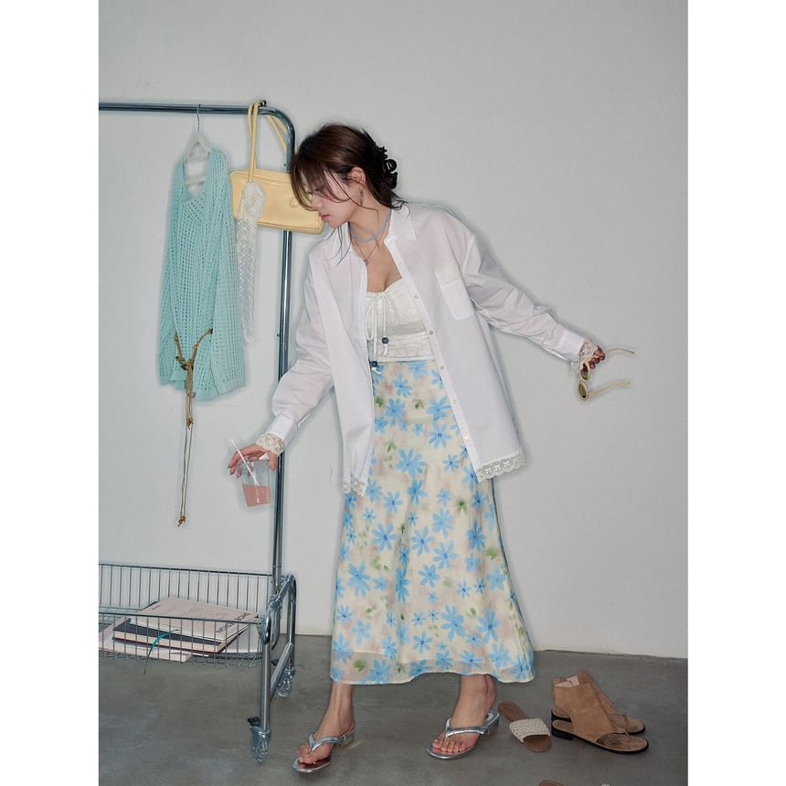 Long-Sleeve Lace Trim Oversized Shirt / Bow Slim Fit Tube Top / High Rise Floral Midi A-Line Skirt