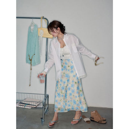 Long-Sleeve Lace Trim Oversized Shirt / Bow Slim Fit Tube Top / High Rise Floral Midi A-Line Skirt