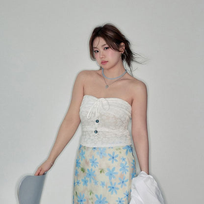 Long-Sleeve Lace Trim Oversized Shirt / Bow Slim Fit Tube Top / High Rise Floral Midi A-Line Skirt