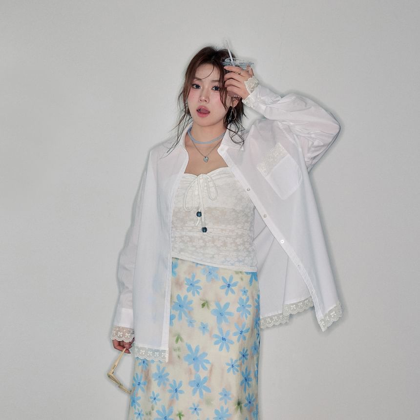 Long-Sleeve Lace Trim Oversized Shirt / Bow Slim Fit Tube Top / High Rise Floral Midi A-Line Skirt