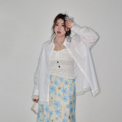 Long-Sleeve Lace Trim Oversized Shirt / Bow Slim Fit Tube Top / High Rise Floral Midi A-Line Skirt