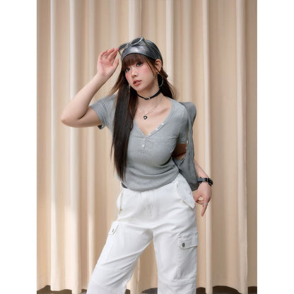 Short-Sleeve V-Neck Henley Ribbed Crop Slim Fit T-Shirt