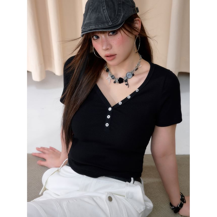 Short-Sleeve V-Neck Henley Ribbed Crop Slim Fit T-Shirt