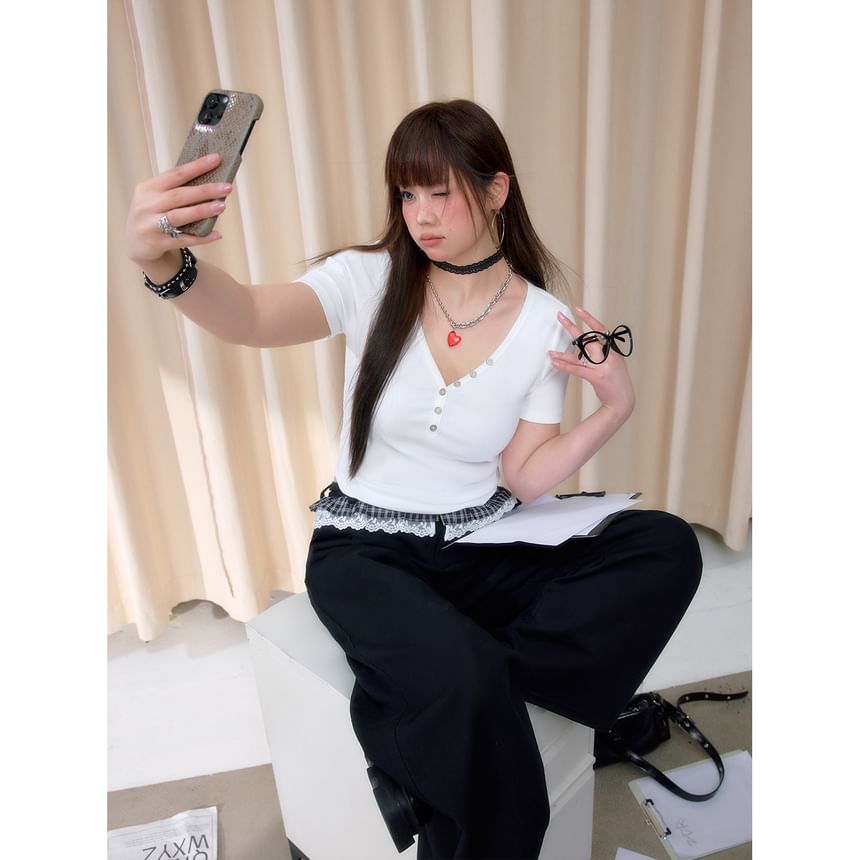 Short-Sleeve V-Neck Henley Ribbed Crop Slim Fit T-Shirt