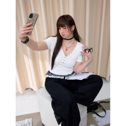 Short-Sleeve V-Neck Henley Ribbed Crop Slim Fit T-Shirt