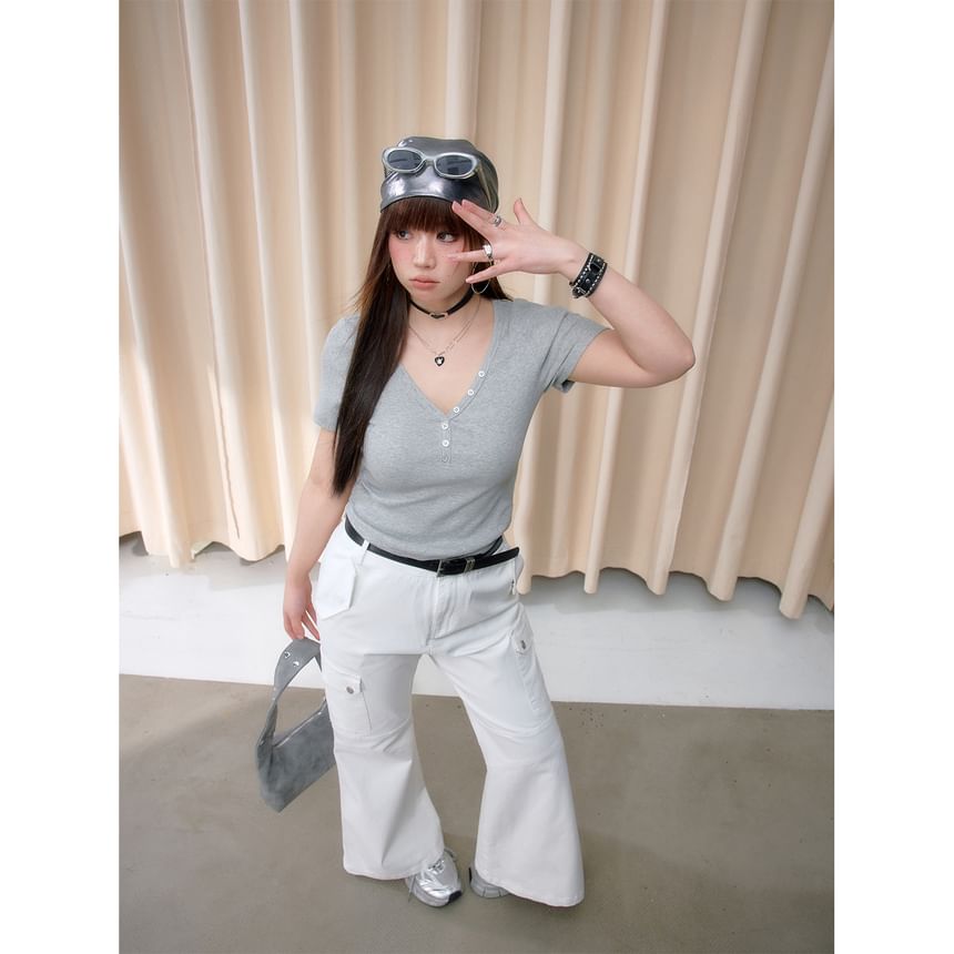 Short-Sleeve V-Neck Henley Ribbed Crop Slim Fit T-Shirt