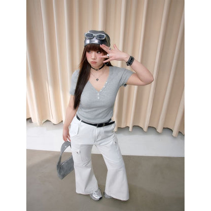 Short-Sleeve V-Neck Henley Ribbed Crop Slim Fit T-Shirt