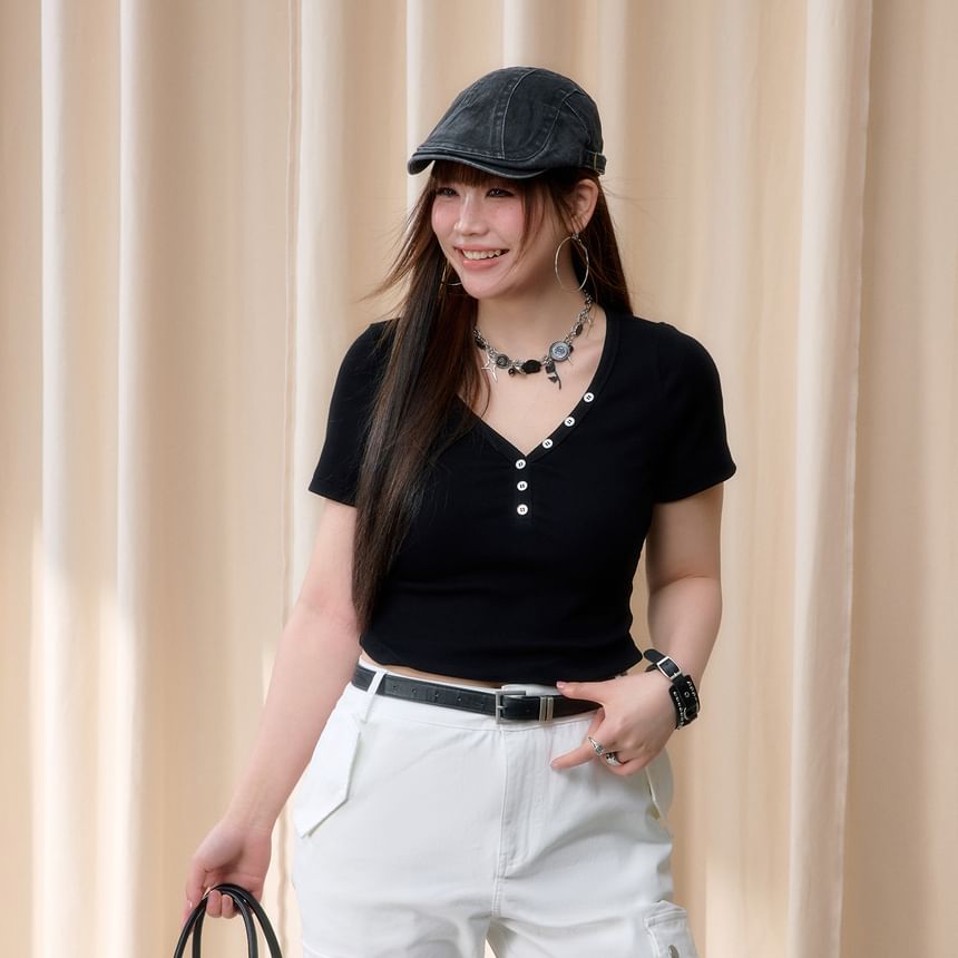 Short-Sleeve V-Neck Henley Ribbed Crop Slim Fit T-Shirt