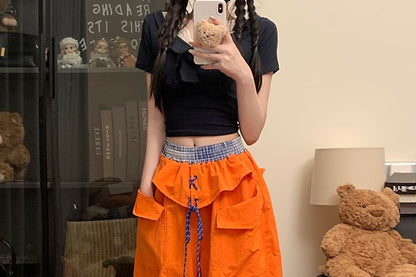 Mid Waist Plaid Panel Baggy Cargo Pants