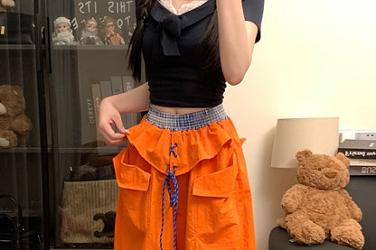 Mid Waist Plaid Panel Baggy Cargo Pants