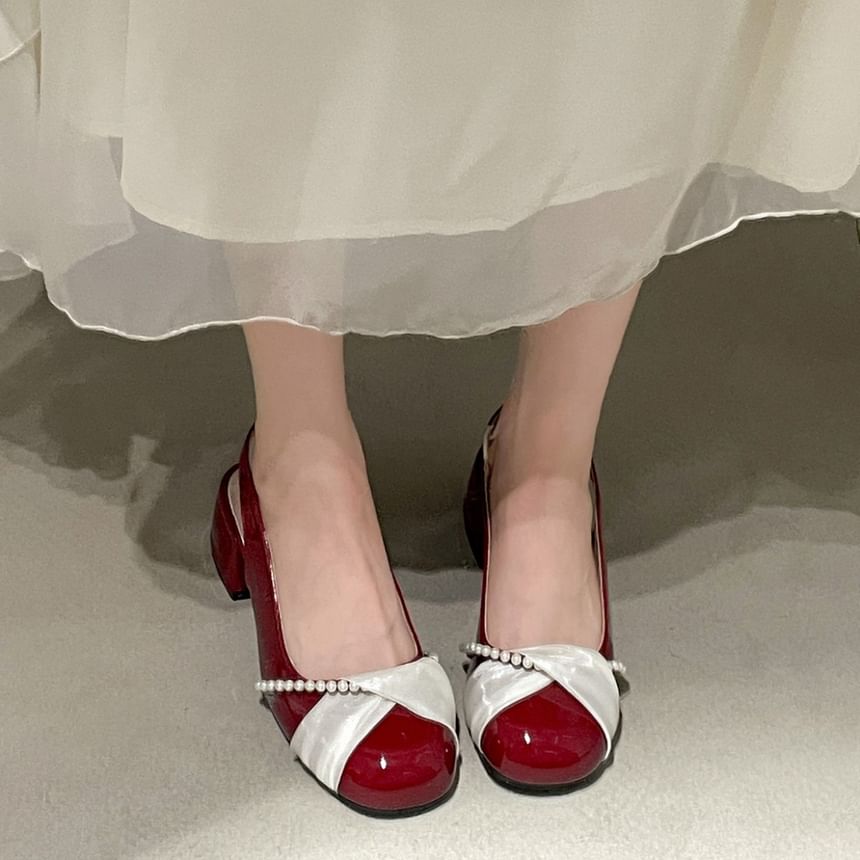 Faux Pearl Slingback Block Heel Pumps