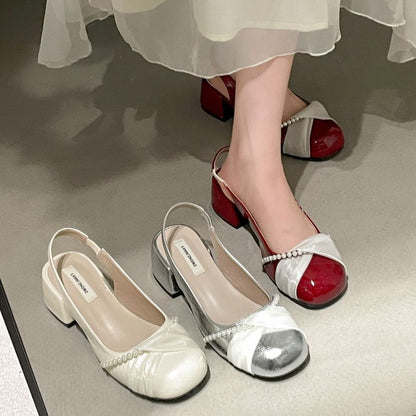 Faux Pearl Slingback Block Heel Pumps