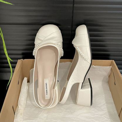 Faux Pearl Slingback Block Heel Pumps