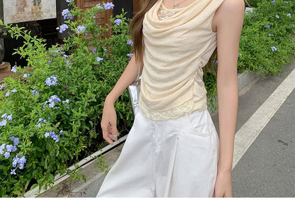 Mock Two-Piece Cowl-Neck Ruched Lace-Panel Crop Tank