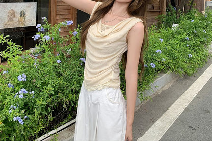 Mock Two-Piece Cowl-Neck Ruched Lace-Panel Crop Tank