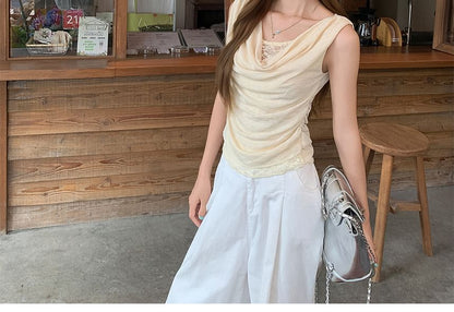 Mock Two-Piece Cowl-Neck Ruched Lace-Panel Crop Tank