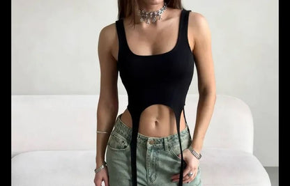 Scoop-Neck Plain Fringed Cropped Tank Top