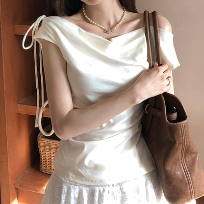 Cap-Sleeved Off-Shoulder Plain Slim-Fit T-Shirt