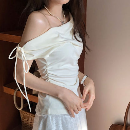 Cap-Sleeved Off-Shoulder Plain Slim-Fit T-Shirt