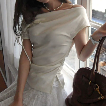 Cap-Sleeved Off-Shoulder Plain Slim-Fit T-Shirt