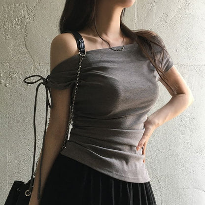 Cap-Sleeved Off-Shoulder Plain Slim-Fit T-Shirt