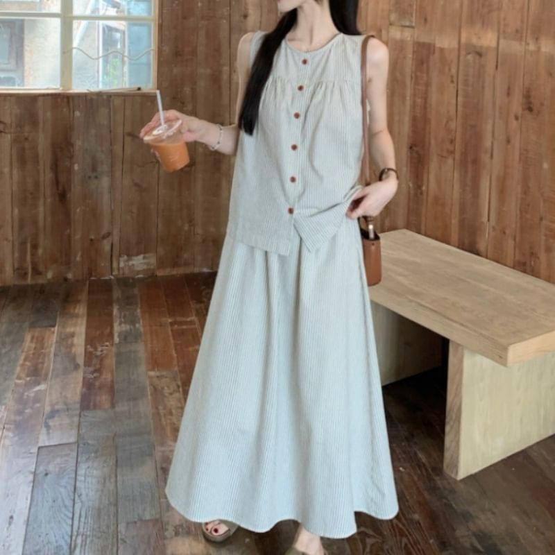 Sleeveless Round-Neck Striped Buttoned Top & High-Rise Maxi A-Line Skirt