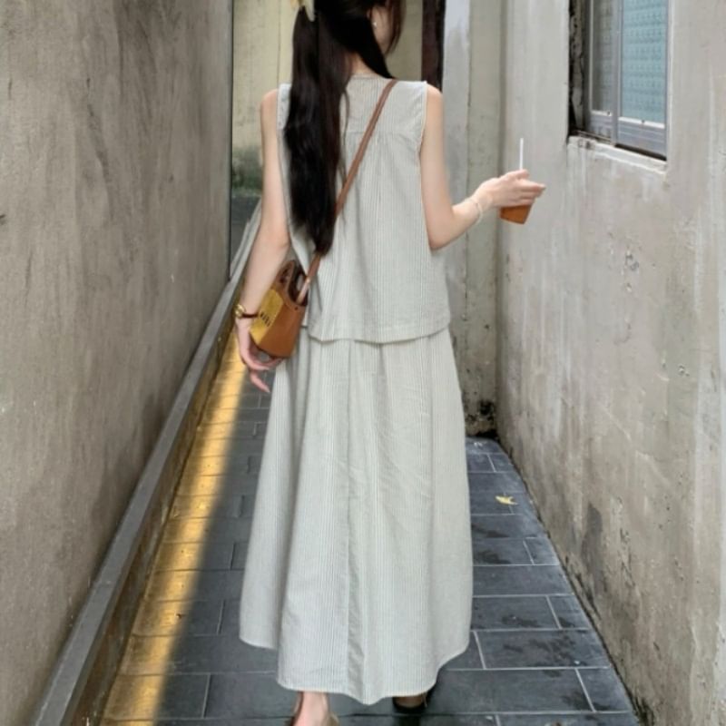 Sleeveless Round-Neck Striped Buttoned Top & High-Rise Maxi A-Line Skirt