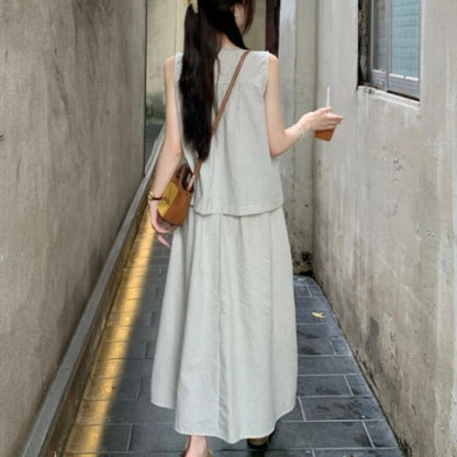 Sleeveless Round-Neck Striped Buttoned Top & High-Rise Maxi A-Line Skirt