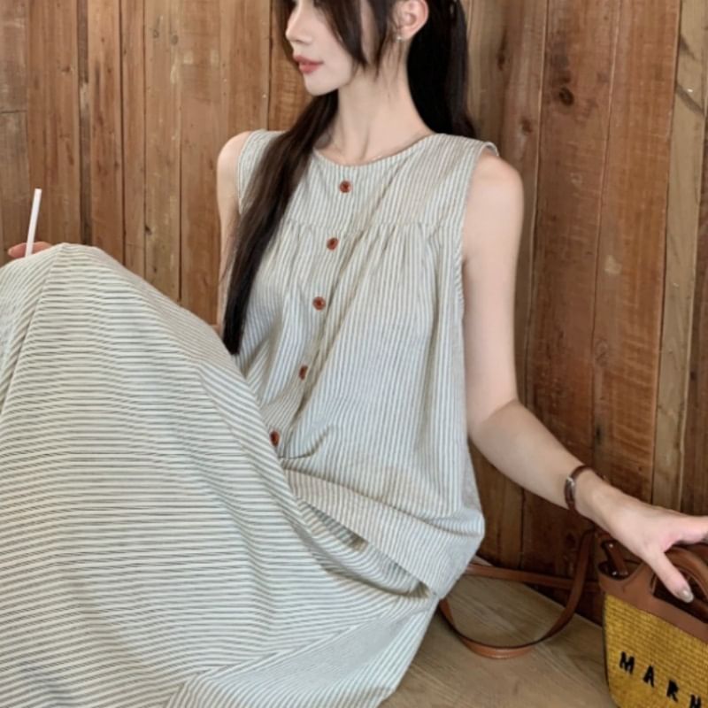Sleeveless Round-Neck Striped Buttoned Top & High-Rise Maxi A-Line Skirt