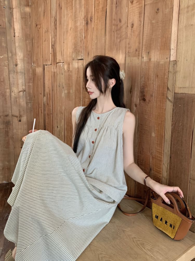 Sleeveless Round-Neck Striped Buttoned Top & High-Rise Maxi A-Line Skirt
