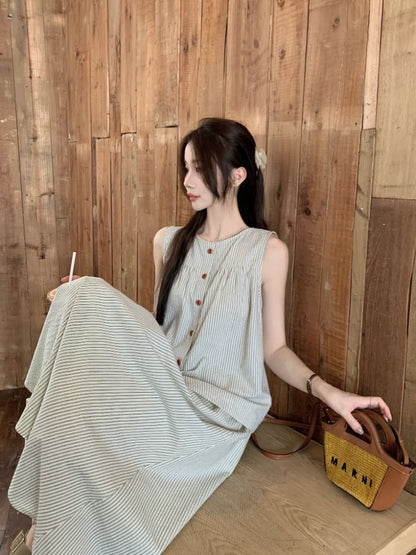 Sleeveless Round-Neck Striped Buttoned Top & High-Rise Maxi A-Line Skirt