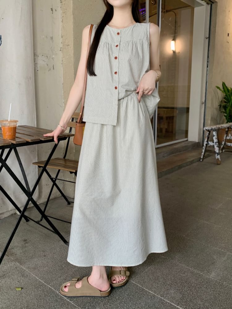 Sleeveless Round-Neck Striped Buttoned Top & High-Rise Maxi A-Line Skirt