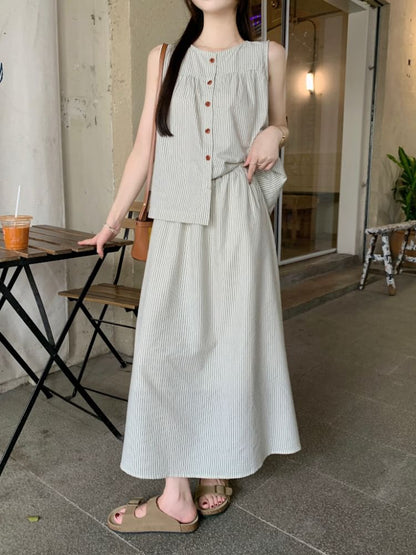 Sleeveless Round-Neck Striped Buttoned Top & High-Rise Maxi A-Line Skirt