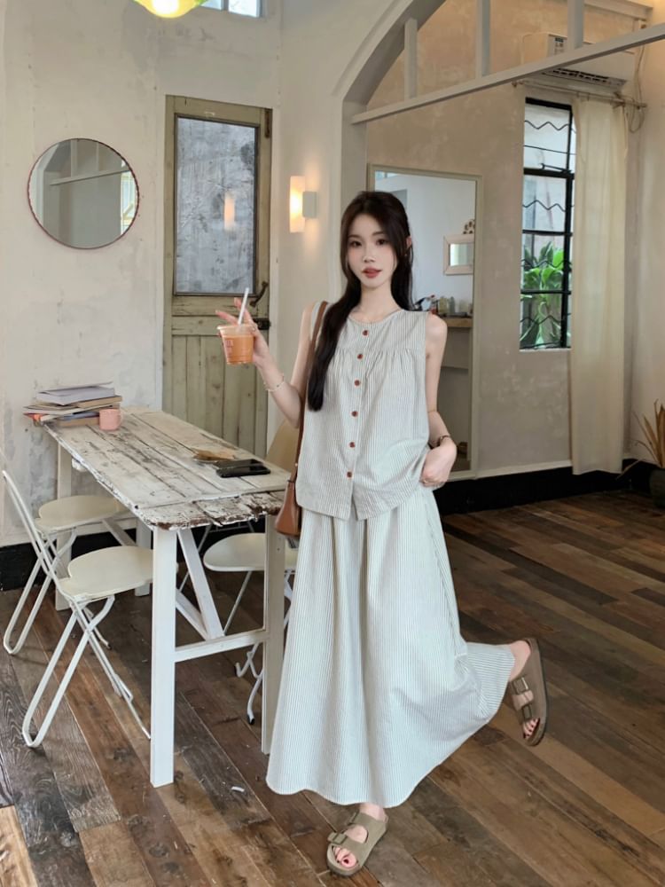 Sleeveless Round-Neck Striped Buttoned Top & High-Rise Maxi A-Line Skirt