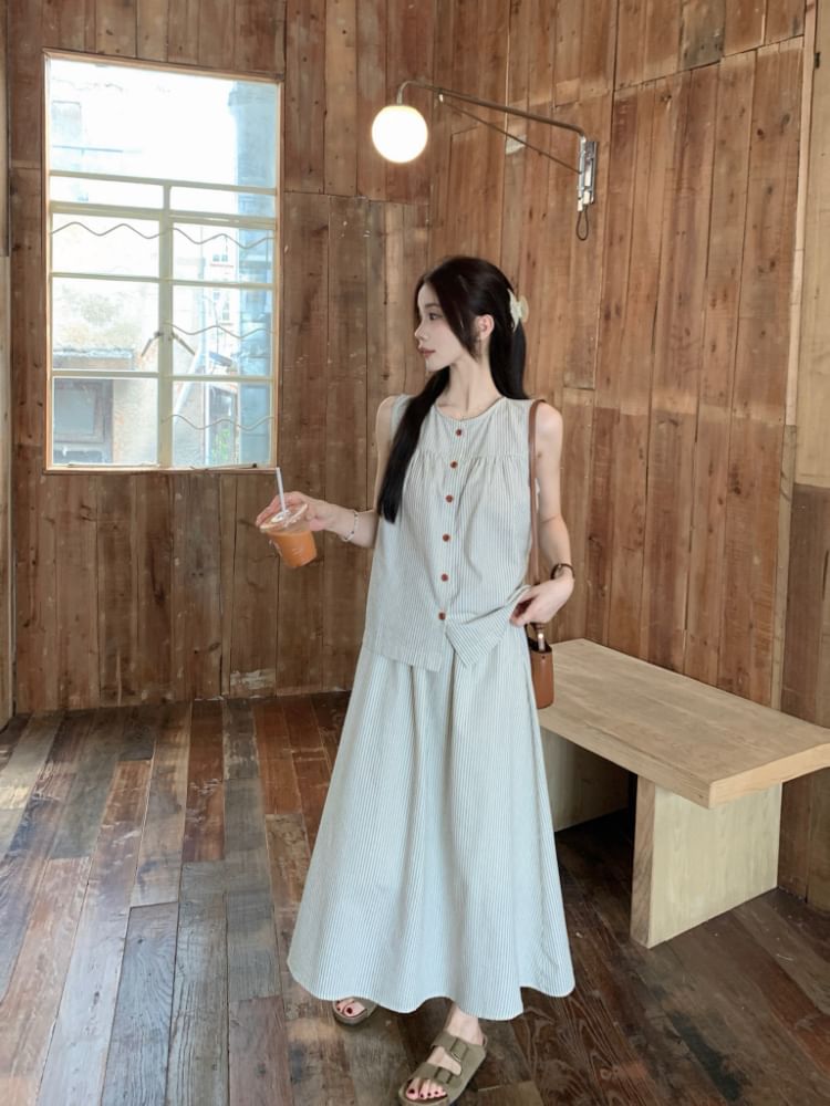 Sleeveless Round-Neck Striped Buttoned Top & High-Rise Maxi A-Line Skirt
