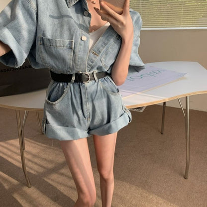 Short-Sleeved Collared Washed Denim Shirt & High-Waisted Shorts & Belt Set