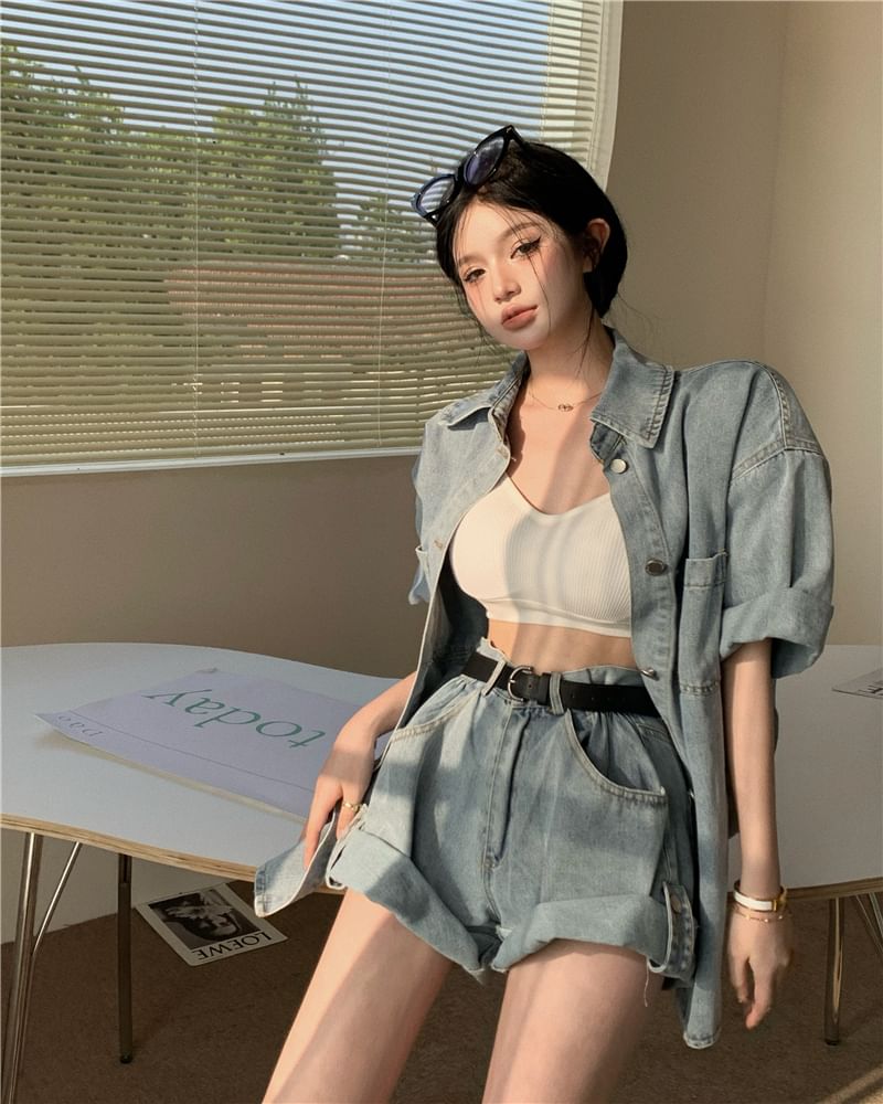 Short-Sleeved Collared Washed Denim Shirt & High-Waisted Shorts & Belt Set