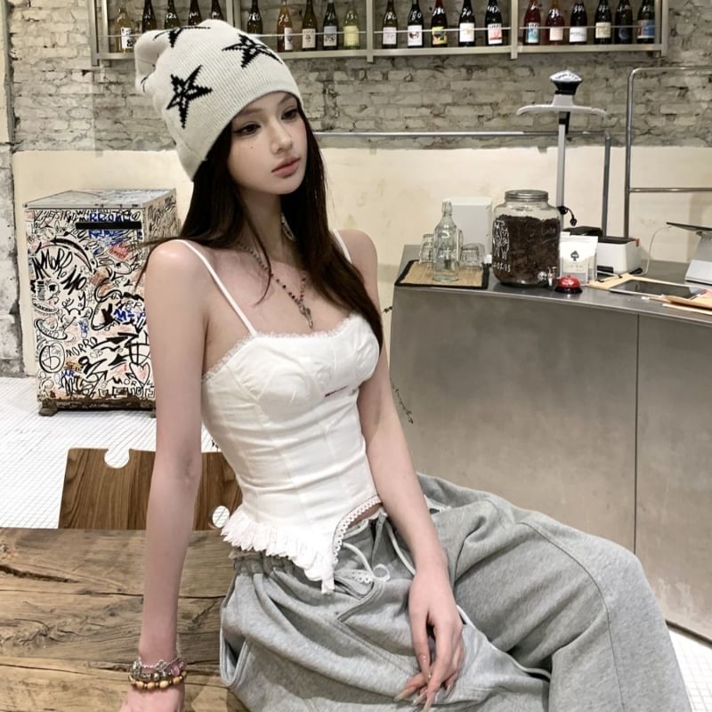 Plain Ruffled Cami & Lace-Trimmed Drawstring Baggy Sweatpants