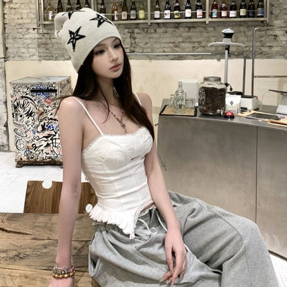 Plain Ruffled Cami & Lace-Trimmed Drawstring Baggy Sweatpants