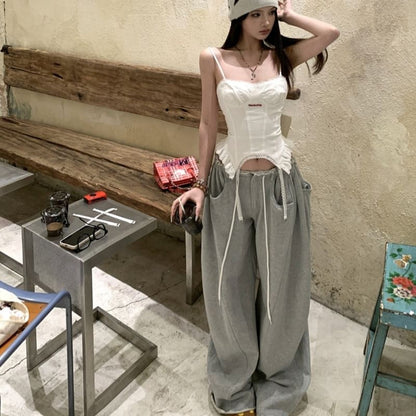 Plain Ruffled Cami & Lace-Trimmed Drawstring Baggy Sweatpants