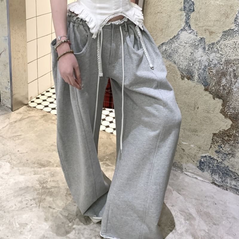 Plain Ruffled Cami & Lace-Trimmed Drawstring Baggy Sweatpants