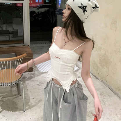 Plain Ruffled Cami & Lace-Trimmed Drawstring Baggy Sweatpants