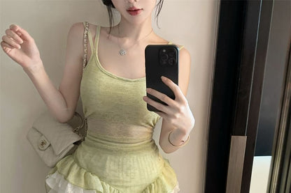 Spaghetti-Strap Scoop-Neck Plain Lace Cami & High-Rise Mini A-Line Skirt